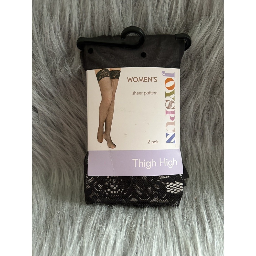Joyspun Tights Women's Dot And Sheer Black Thigh Highs 2‎ Pair Floral Lace Tops